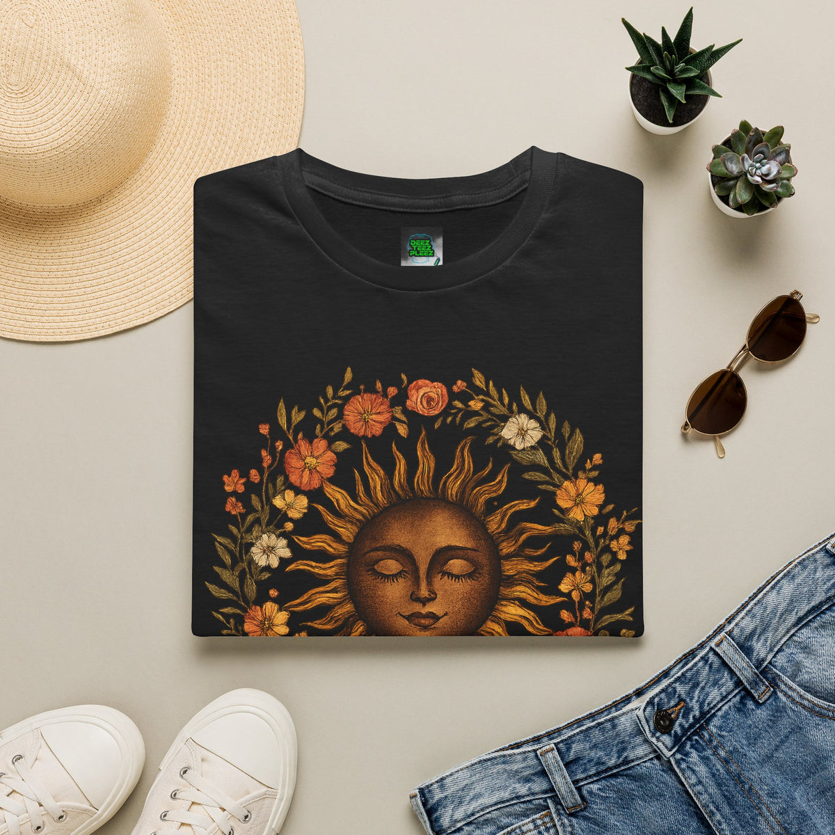 Sunflower Sun T-Shirt — Vintage Boho Sun Face Floral Tee