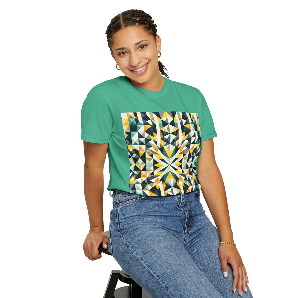 Geometric Mosaic Tee — Yellow, Teal & Black Patterned Graphic T-Shirt
