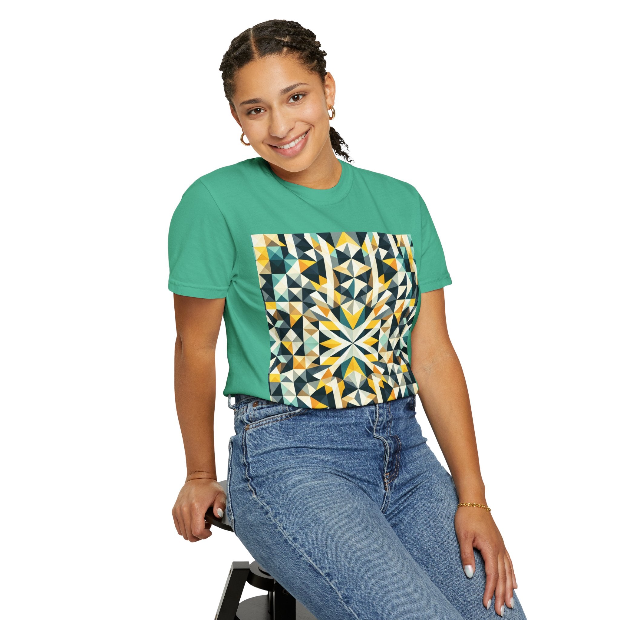 Geometric Mosaic Tee — Yellow, Teal & Black Patterned Graphic T-Shirt