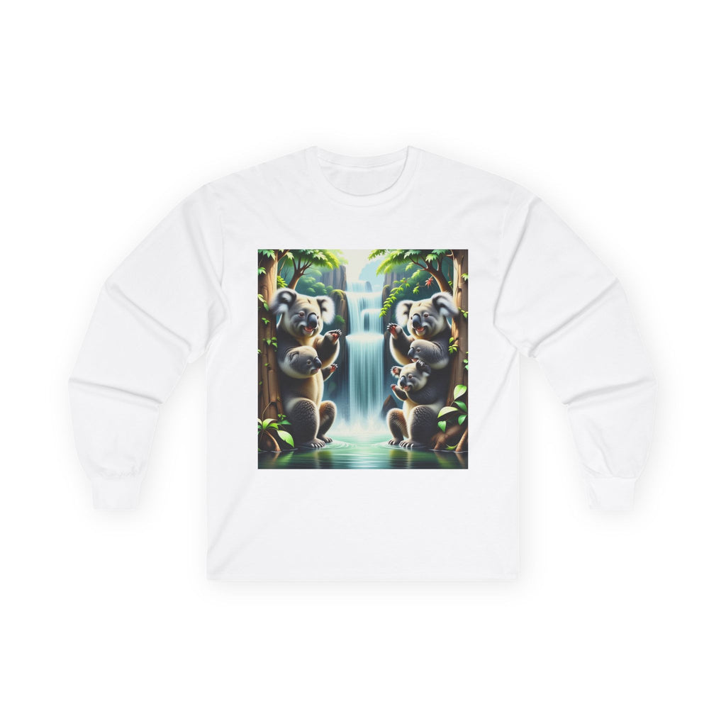 Koala Waterfall Long Sleeve Tee — Cute Tropical Wildlife Graphic Shirt