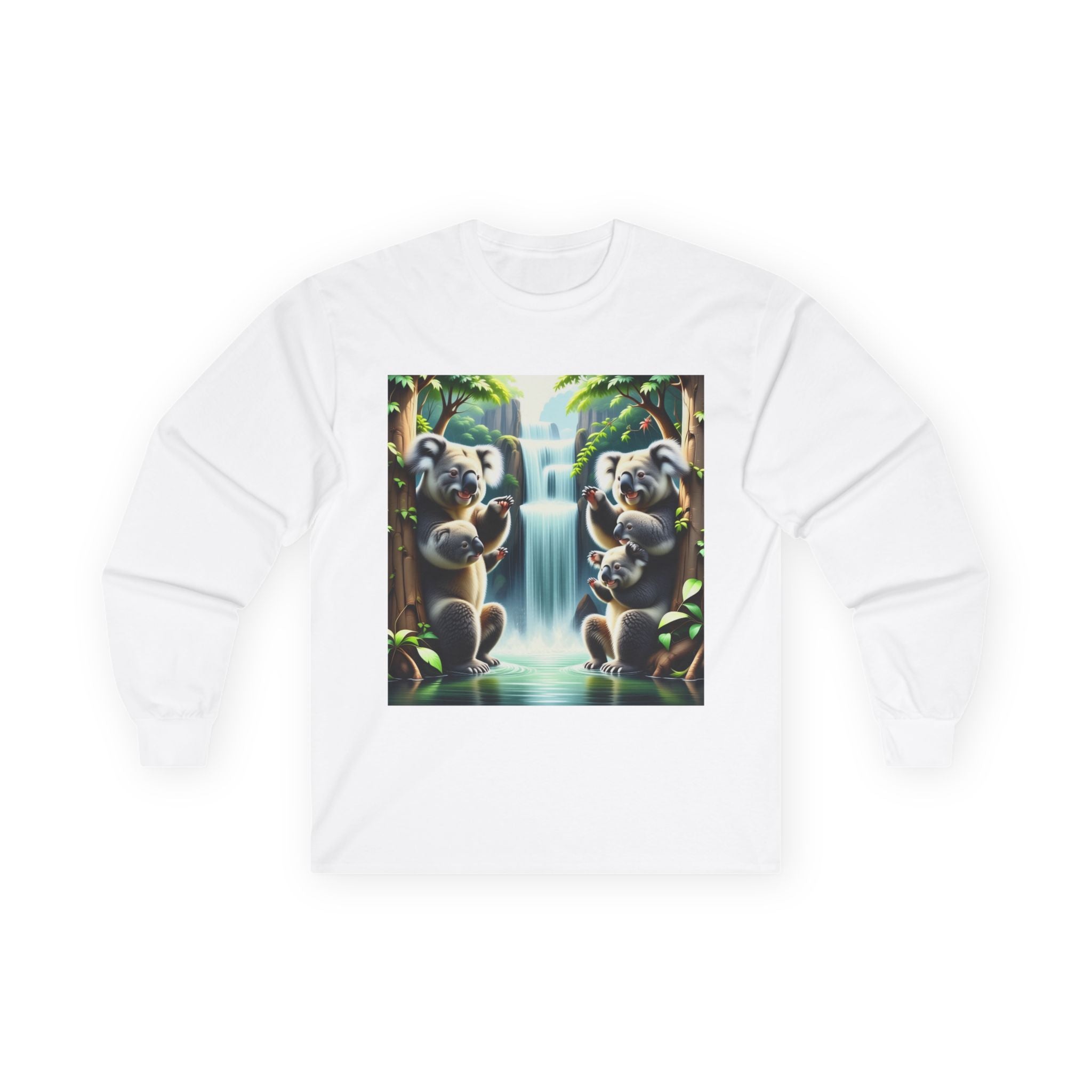 Koala Waterfall Long Sleeve Tee — Cute Tropical Wildlife Graphic Shirt