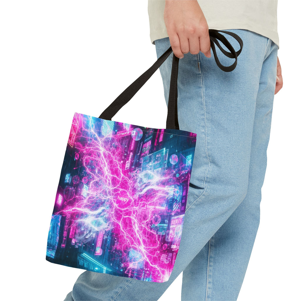 Electric Neon Circuit Tote Bag — Pink Blue Cyberpunk AOP