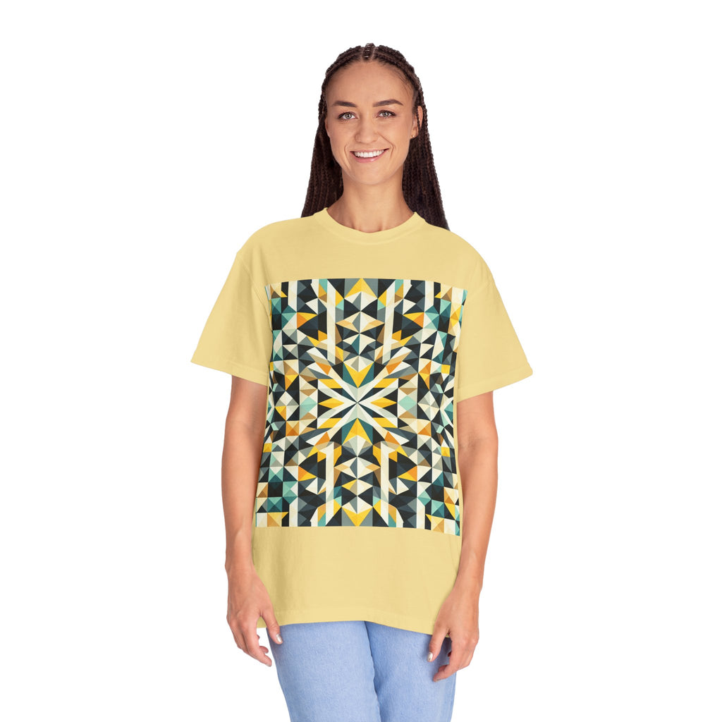 Geometric Mosaic Tee — Yellow, Teal & Black Patterned Graphic T-Shirt
