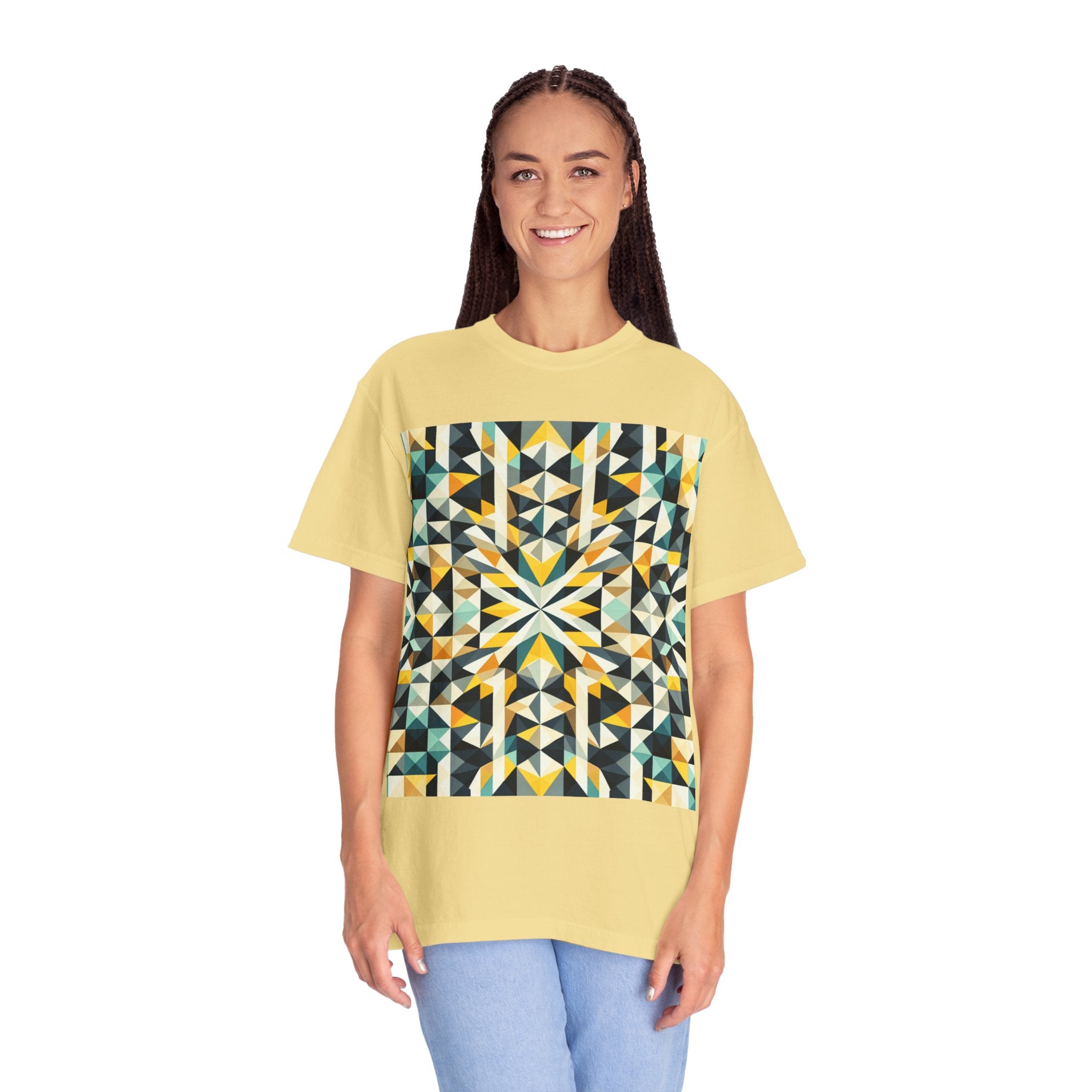 Geometric Mosaic Tee — Yellow, Teal & Black Patterned Graphic T-Shirt