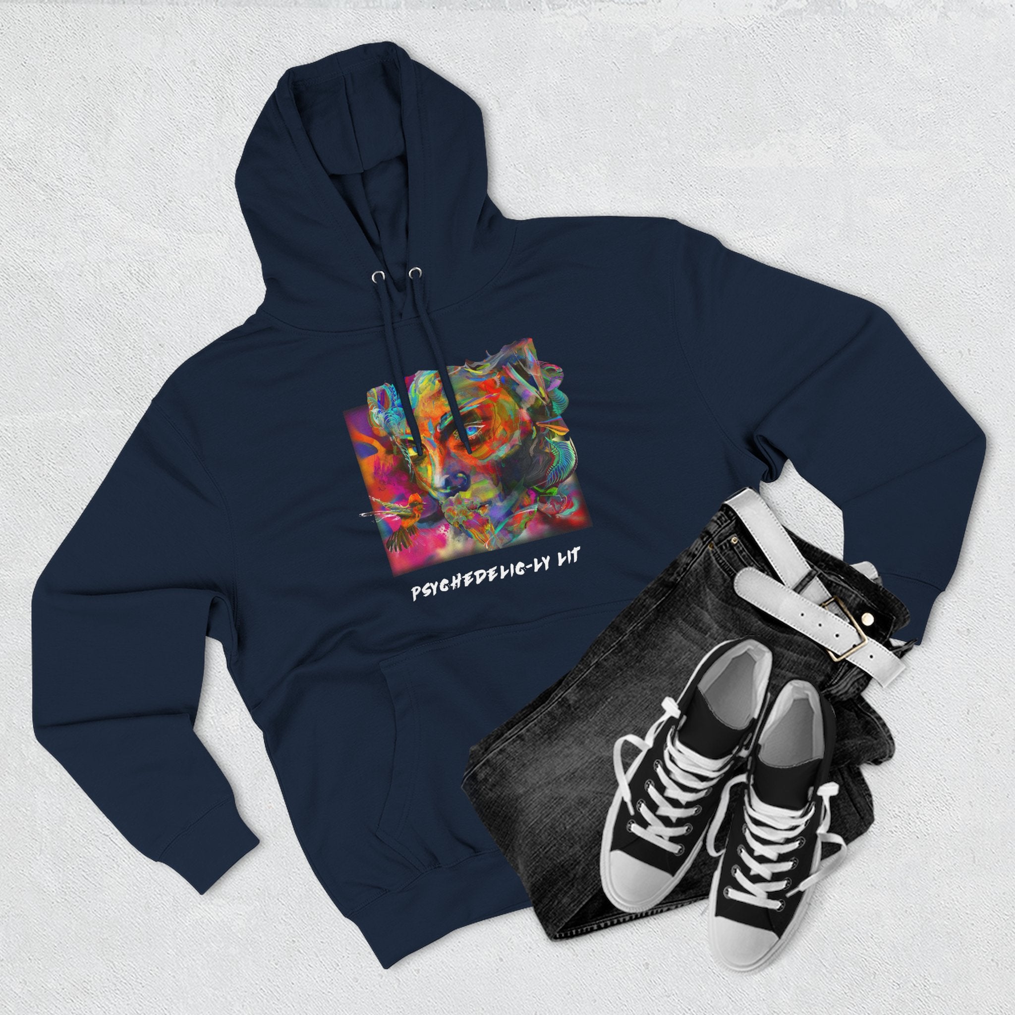 Abstract Psychedelically Lit - Feel The Vibe Hoodie — Three-Panel Fleece Hoodie with Vibrant Artistic Face Portrait