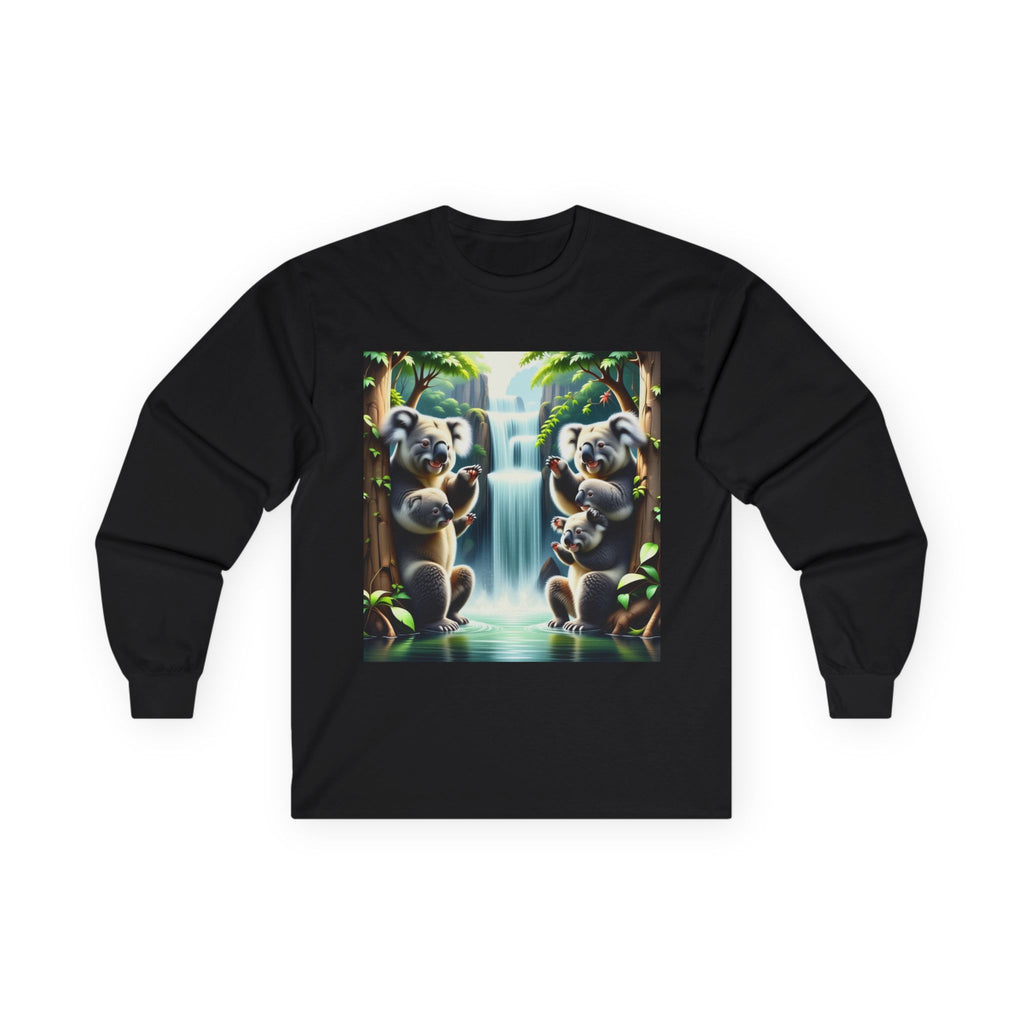 Koala Waterfall Long Sleeve Tee — Cute Tropical Wildlife Graphic Shirt