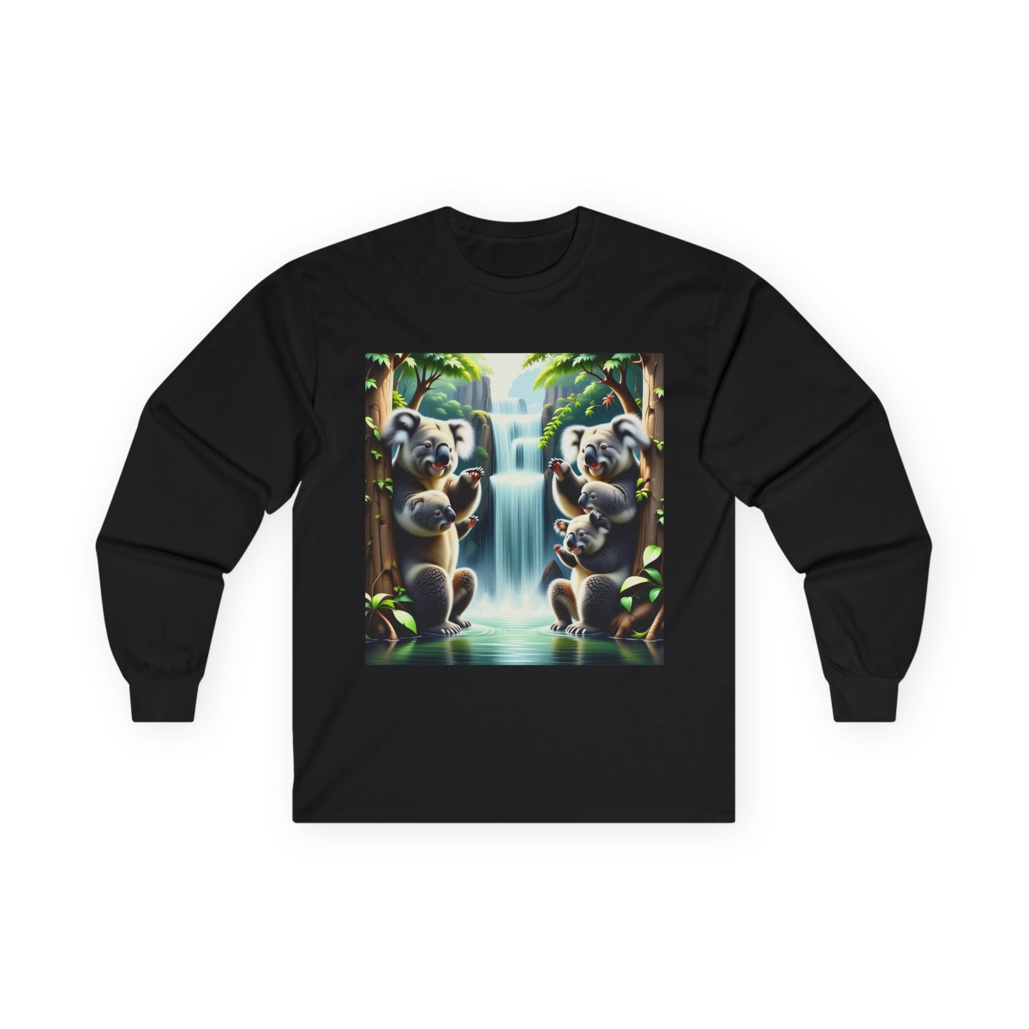 Koala Waterfall Long Sleeve Tee — Cute Tropical Wildlife Graphic Shirt