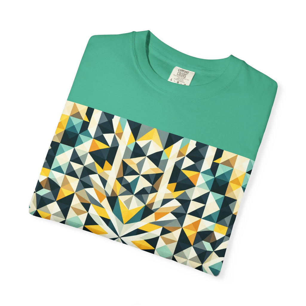 Geometric Mosaic Tee — Yellow, Teal & Black Patterned Graphic T-Shirt