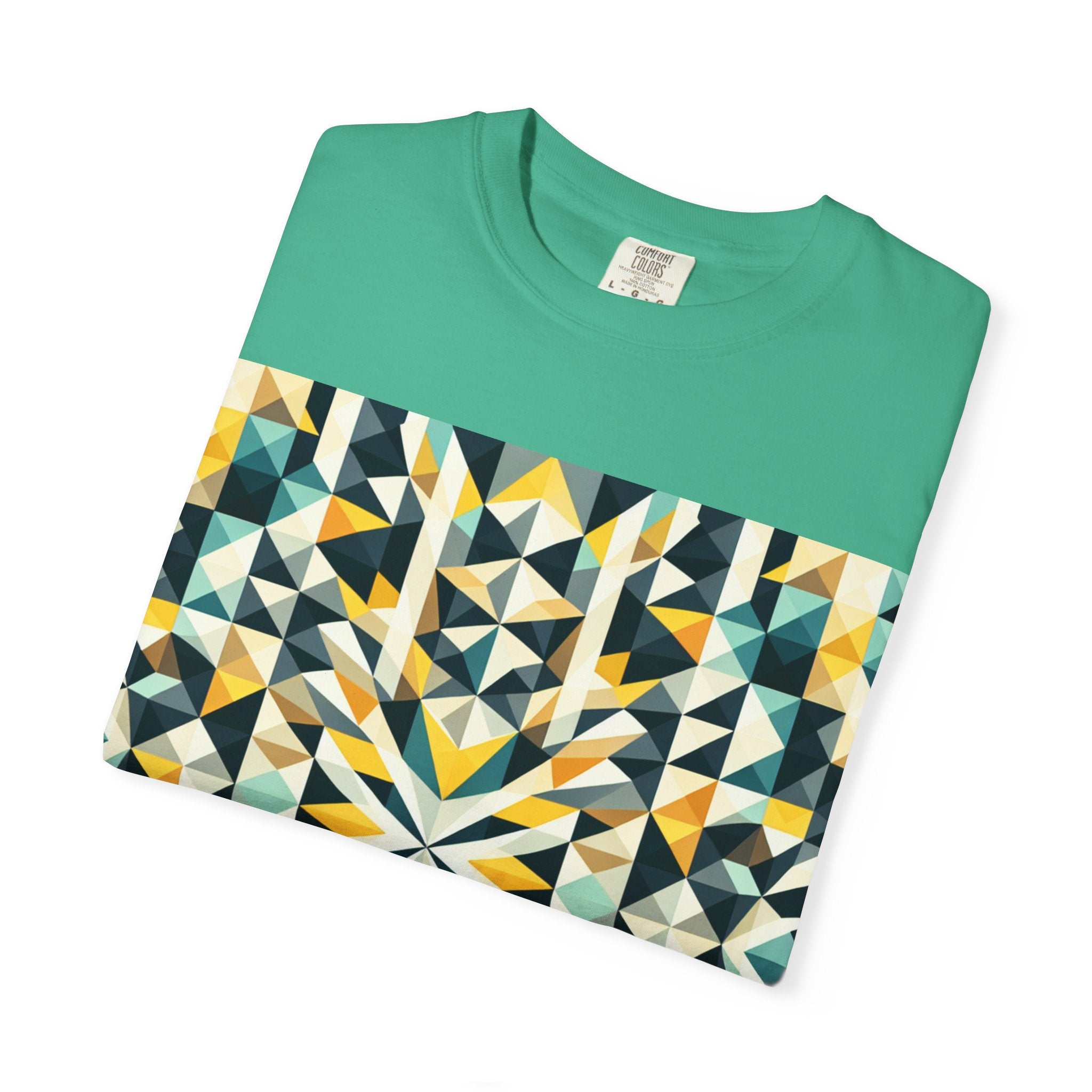 Geometric Mosaic Tee — Yellow, Teal & Black Patterned Graphic T-Shirt