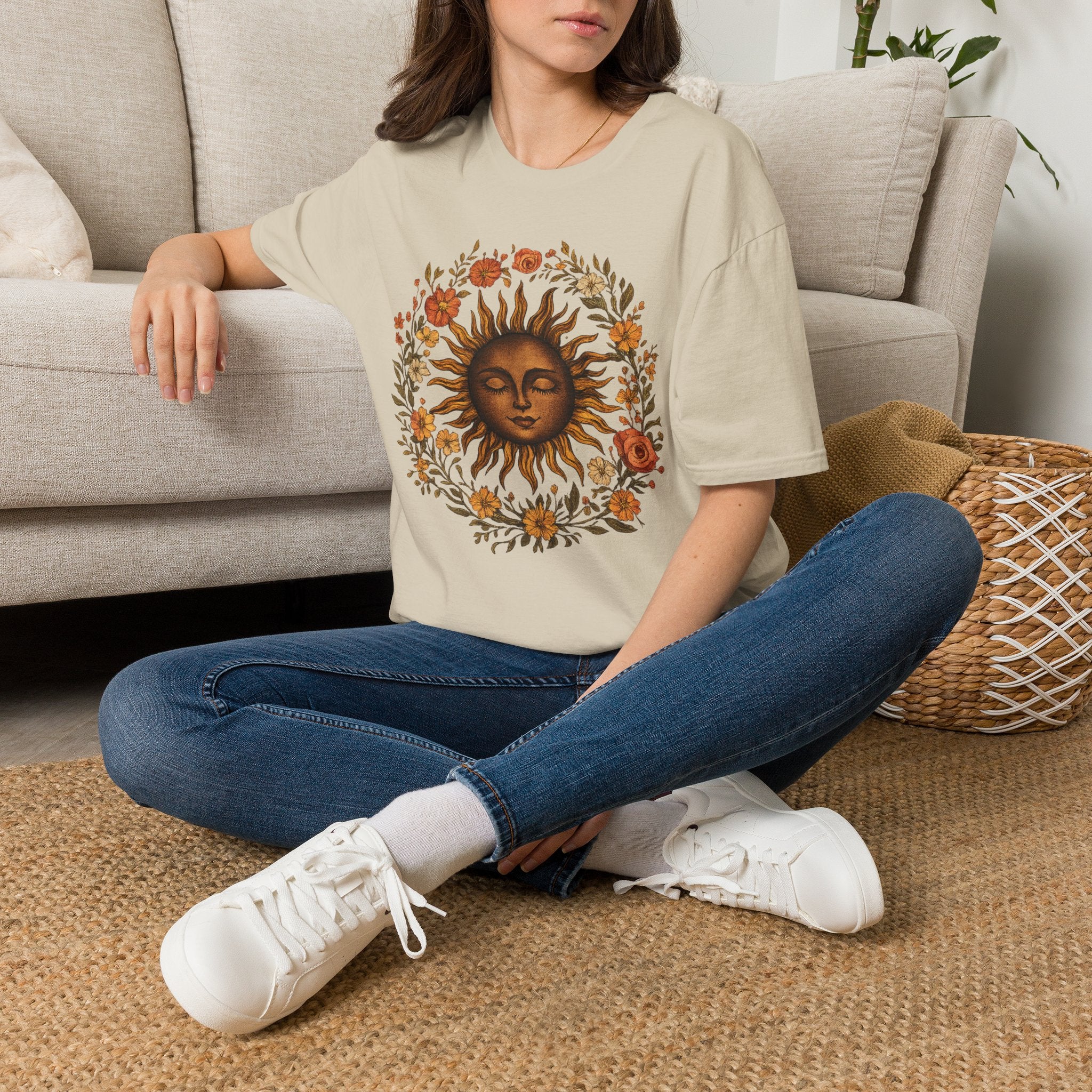Sunflower Sun T-Shirt — Vintage Boho Sun Face Floral Tee