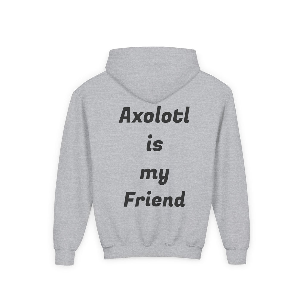 Youth Axolotl Hoodie — Cute Black Axolotl Graphic & “Axolotl is my Friend” Back Print