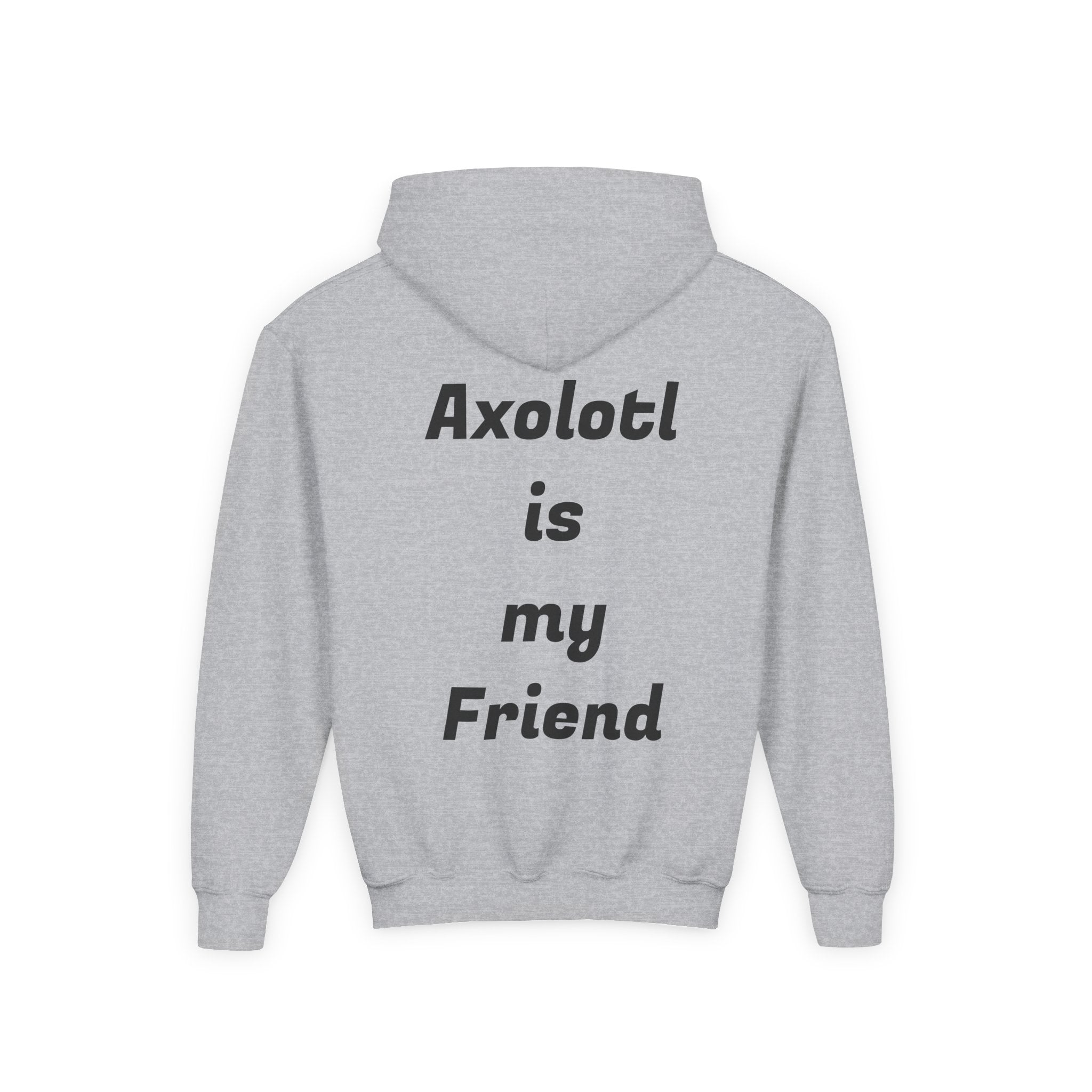 Youth Axolotl Hoodie — Cute Black Axolotl Graphic & “Axolotl is my Friend” Back Print