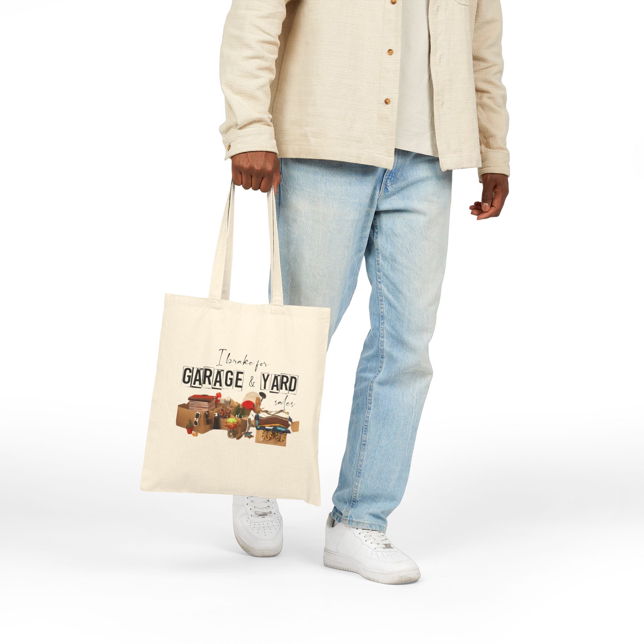 "I Brake for Garage & Yard Sales" Cotton Tote Bag — Vintage Flea Market Reusable Shopping Bag