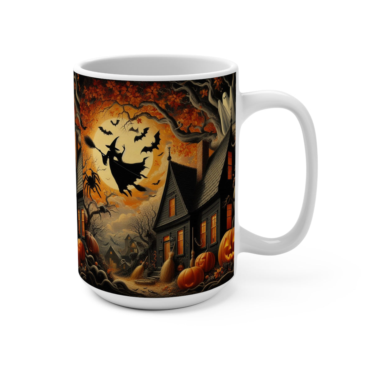 15oz Halloween Mug — Haunted House, Witch & Pumpkin Night Coffee Cup