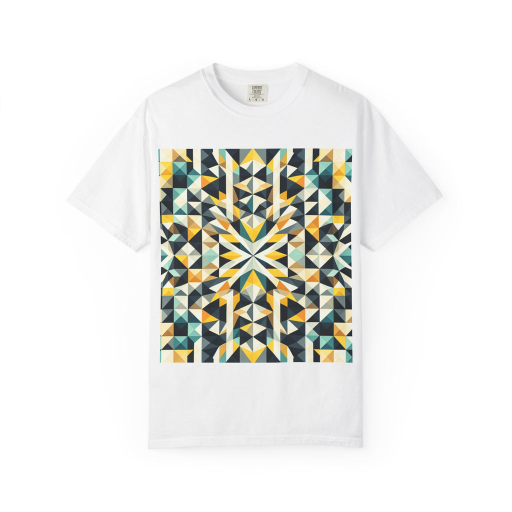 Geometric Mosaic Tee — Yellow, Teal & Black Patterned Graphic T-Shirt