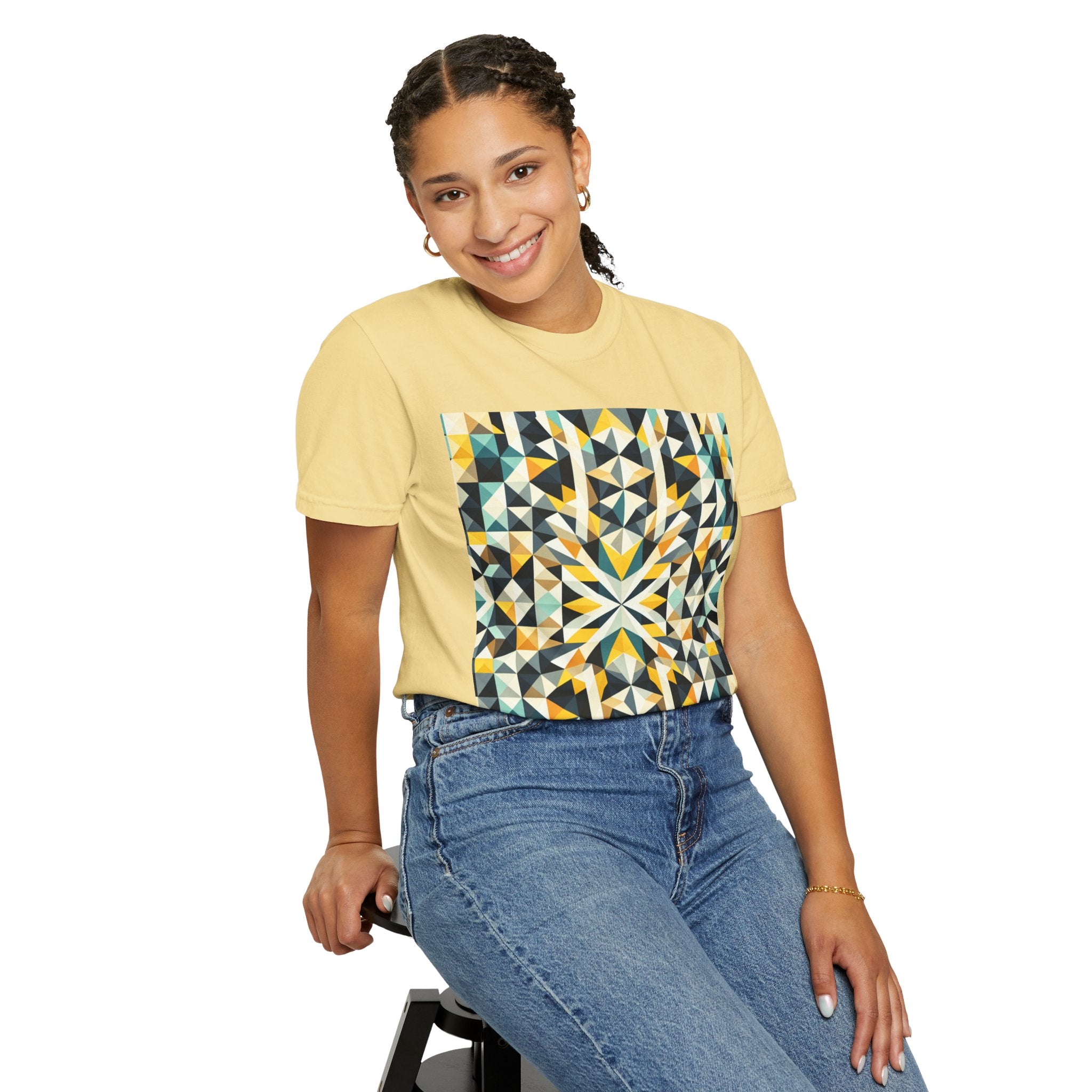 Geometric Mosaic Tee — Yellow, Teal & Black Patterned Graphic T-Shirt
