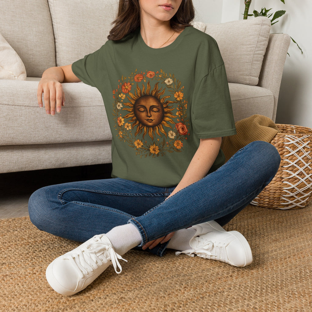 Sunflower Sun T-Shirt — Vintage Boho Sun Face Floral Tee