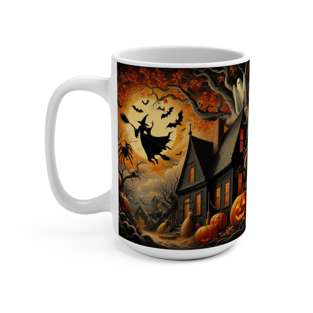 15oz Halloween Mug — Haunted House, Witch & Pumpkin Night Coffee Cup