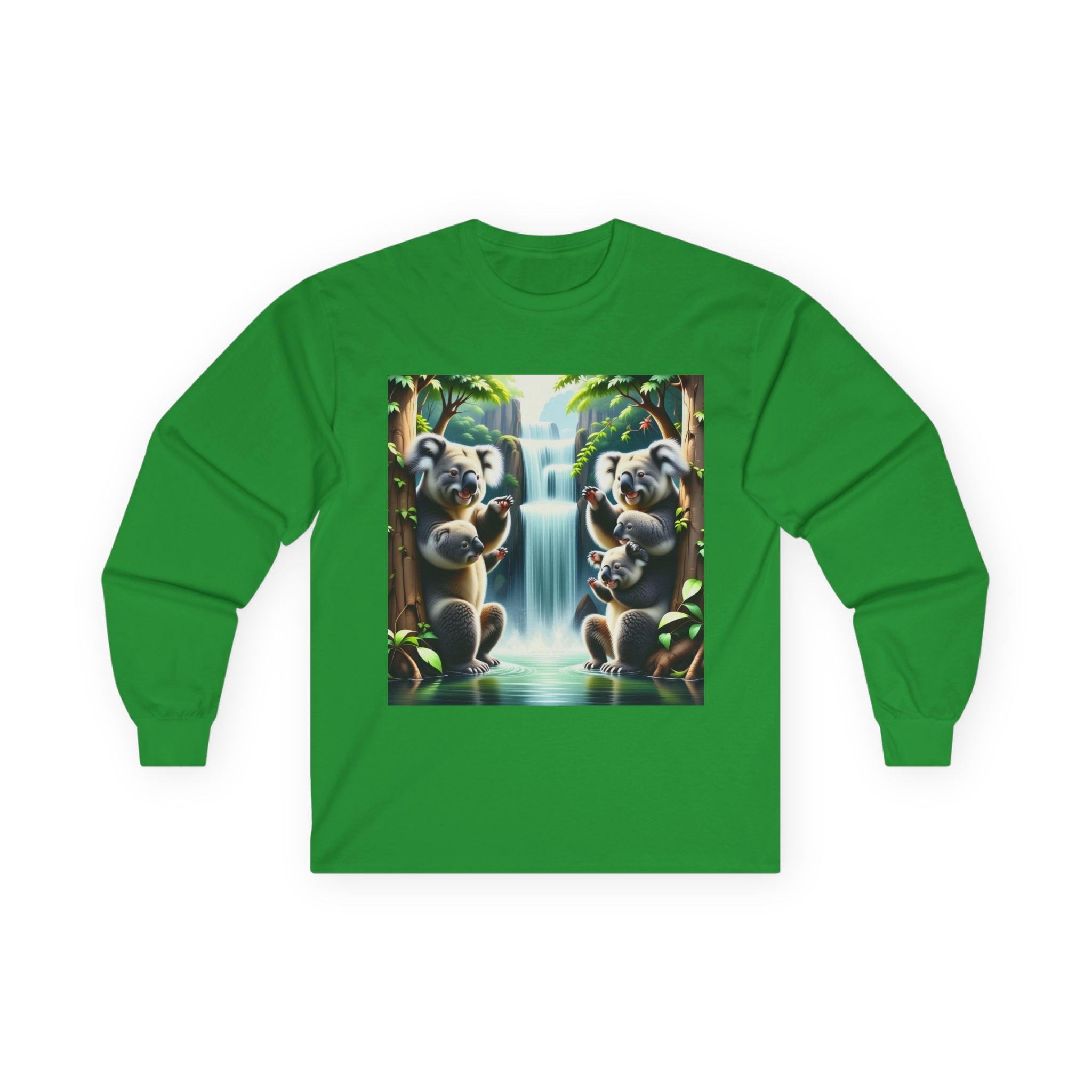 Koala Waterfall Long Sleeve Tee — Cute Tropical Wildlife Graphic Shirt