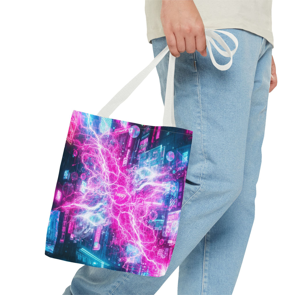 Electric Neon Circuit Tote Bag — Pink Blue Cyberpunk AOP