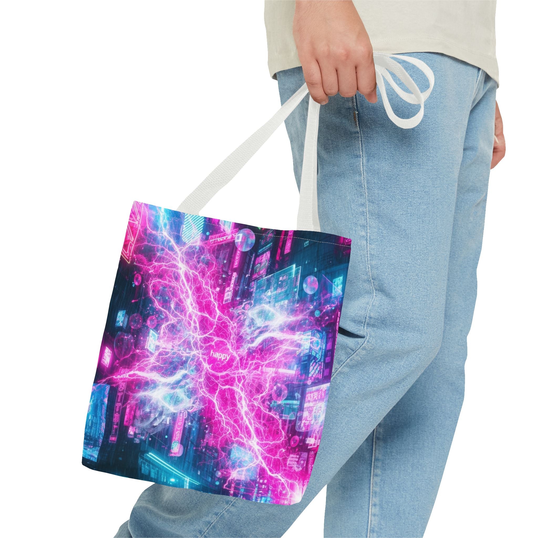 Electric Neon Circuit Tote Bag — Pink Blue Cyberpunk AOP
