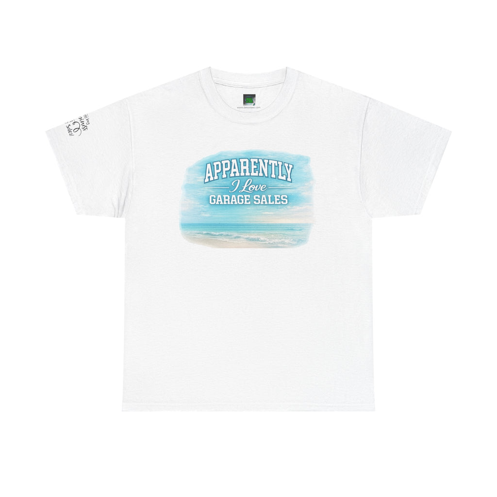 T-Shirt — "Apparently I Love Yard Sales" Minimal Ocean Watercolor Pocket w Sleeve Love
