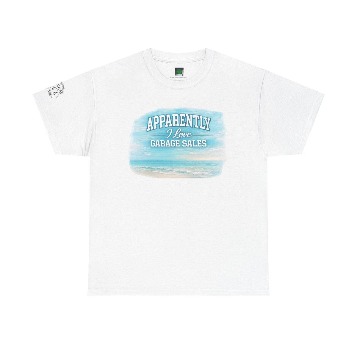 T-Shirt — "Apparently I Love Yard Sales" Minimal Ocean Watercolor Pocket w Sleeve Love