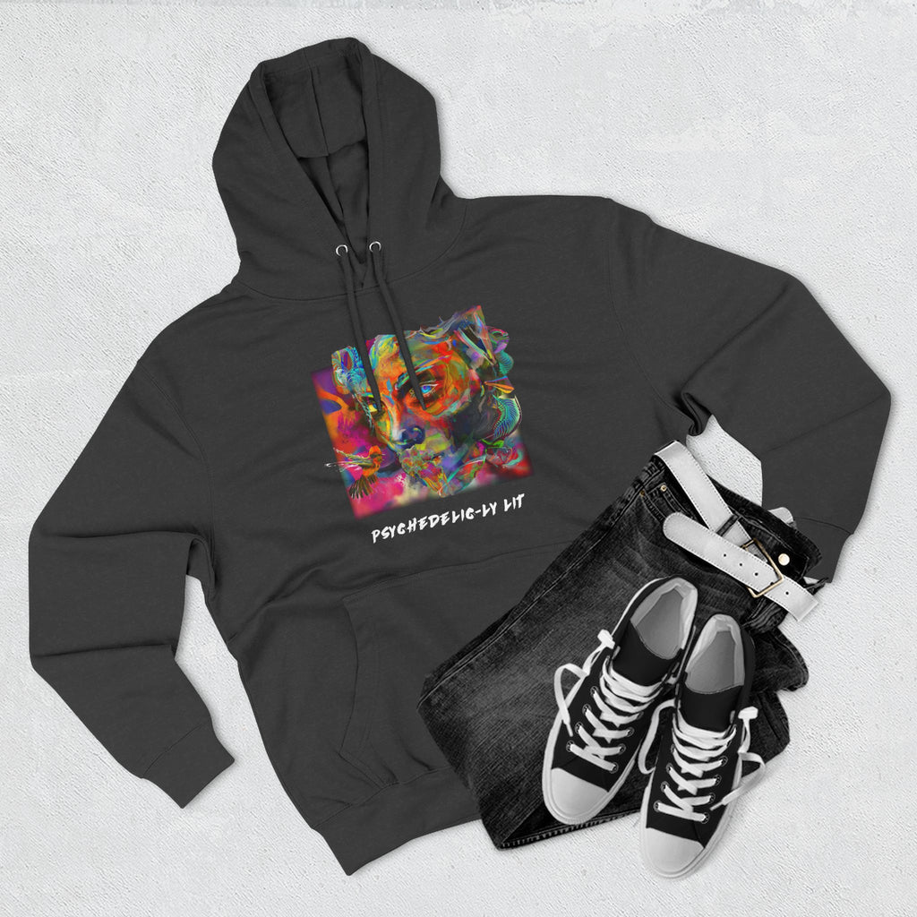 Abstract Psychedelically Lit - Feel The Vibe Hoodie — Three-Panel Fleece Hoodie with Vibrant Artistic Face Portrait