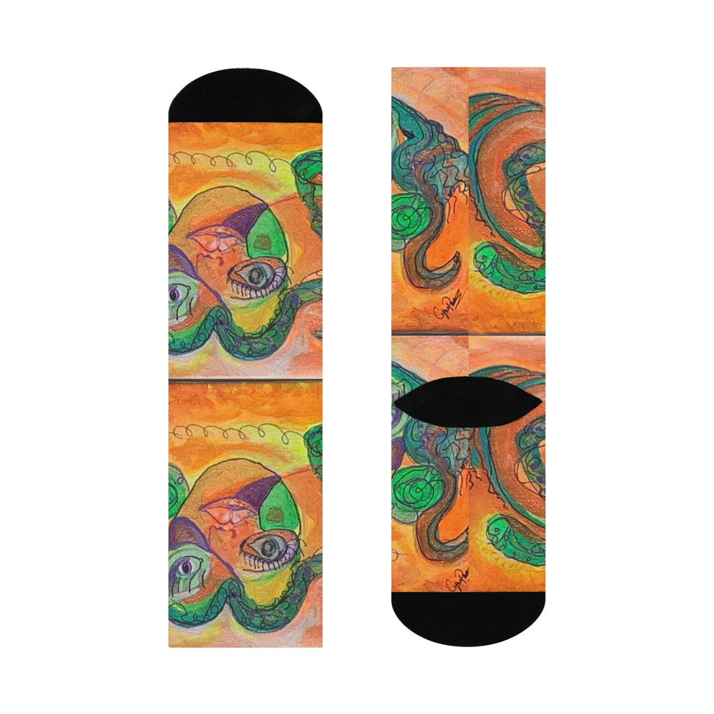 Abstract Face Art Cushioned Crew Socks — Colorful Surreal Portrait Design created by "CynAPar"