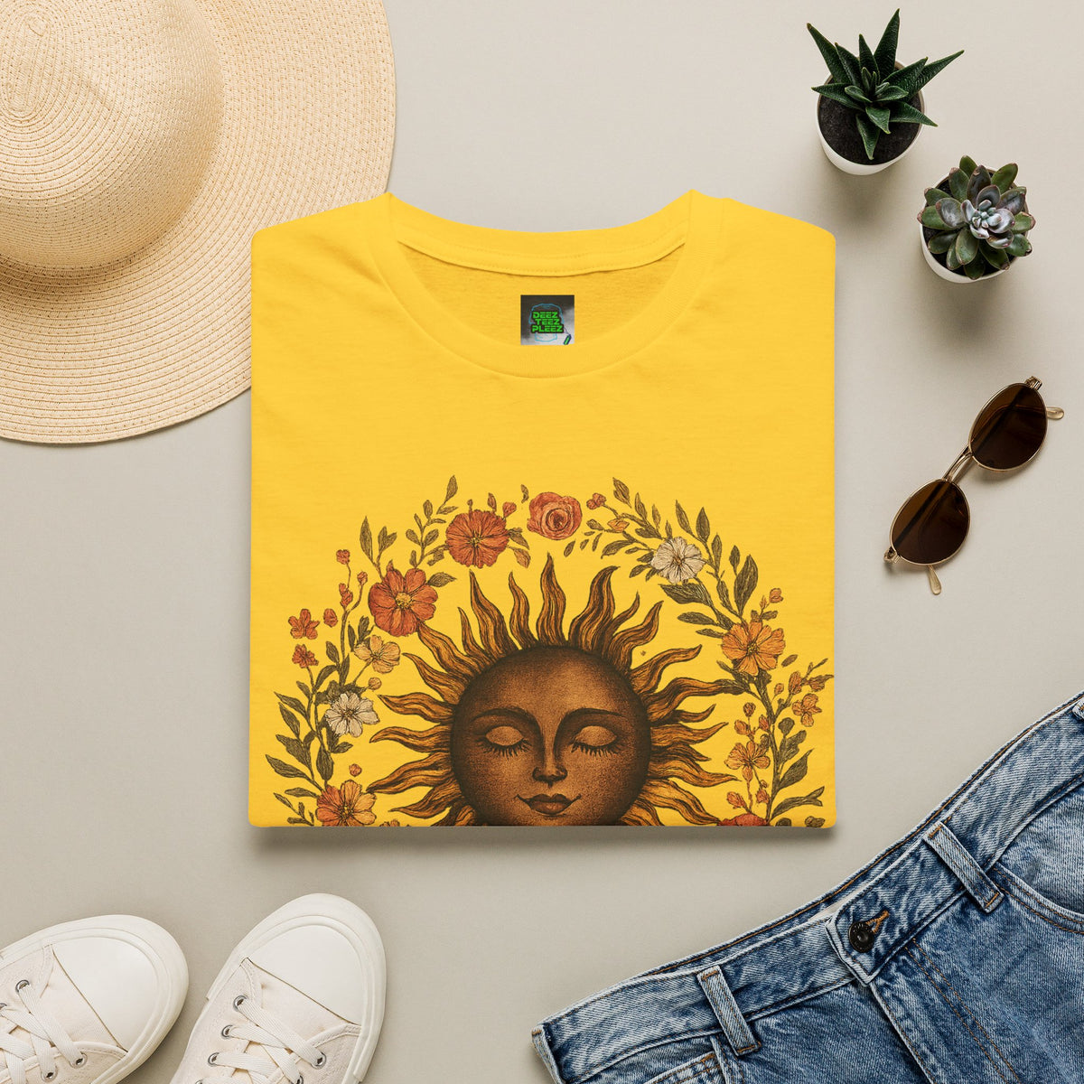 Sunflower Sun T-Shirt — Vintage Boho Sun Face Floral Tee