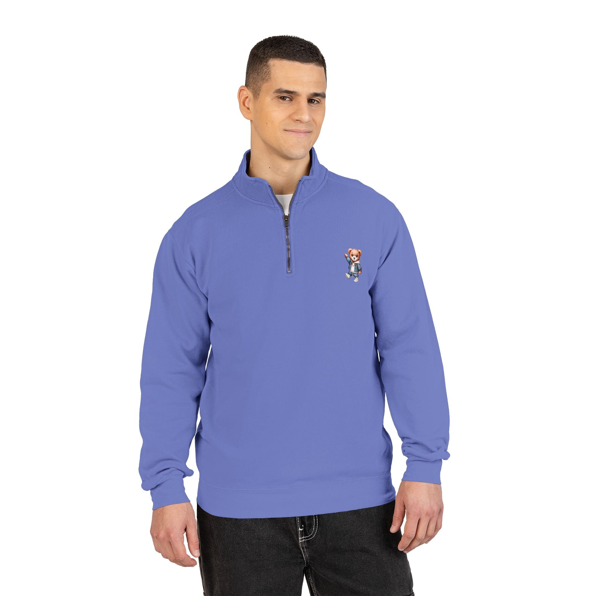 Quarter-Zip Sweatshirt with Cute Teddy Embroidery – Casual Cozy Pullover