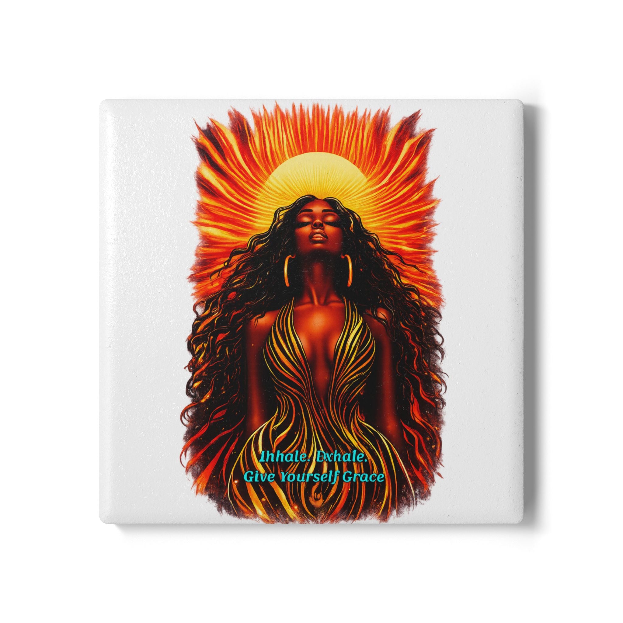 Ceramic Coaster — 'Inhale. Exhale. Give Yourself Grace' Sun Goddess Inspirational Drink Coaster
