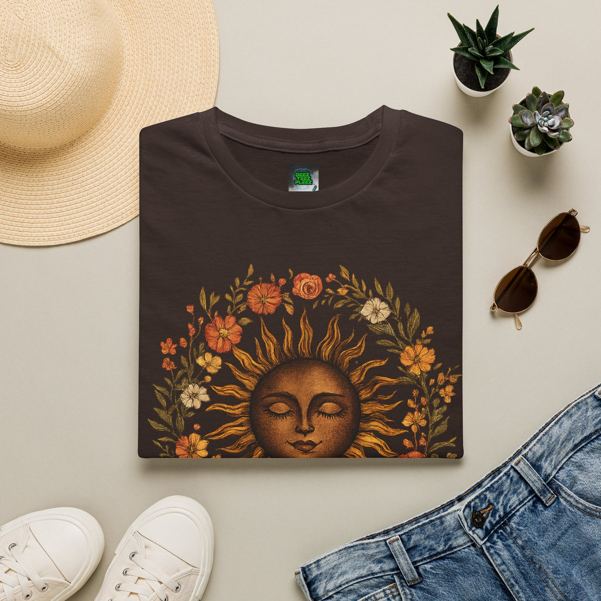 Sunflower Sun T-Shirt — Vintage Boho Sun Face Floral Tee