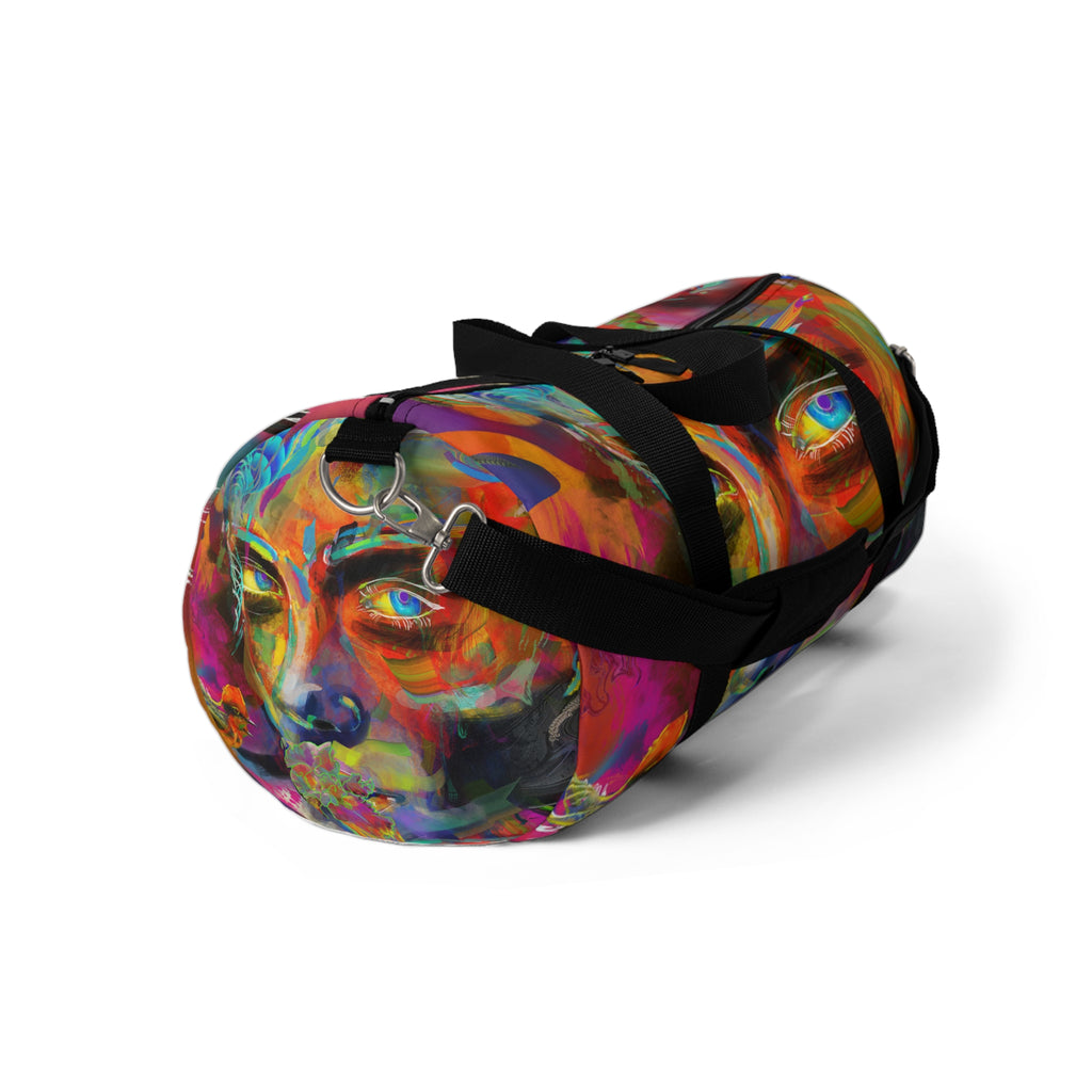 Psychedelic-ly Lit Abstract Face Duffel Bag — Artistic Travel Gym Bag