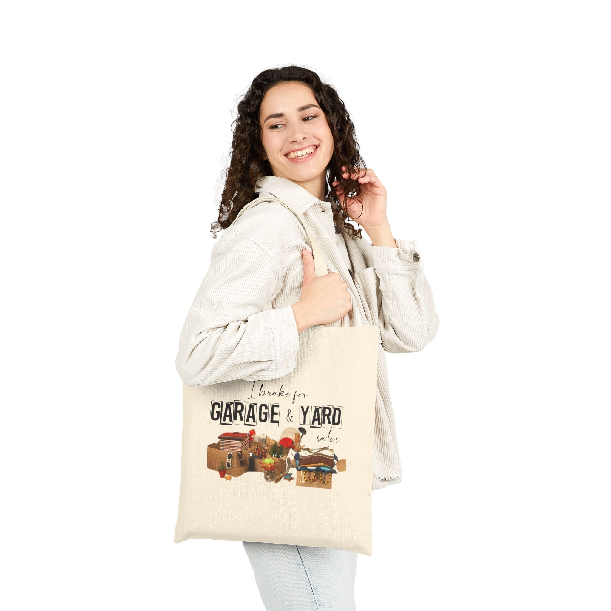"I Brake for Garage & Yard Sales" Cotton Tote Bag — Vintage Flea Market Reusable Shopping Bag