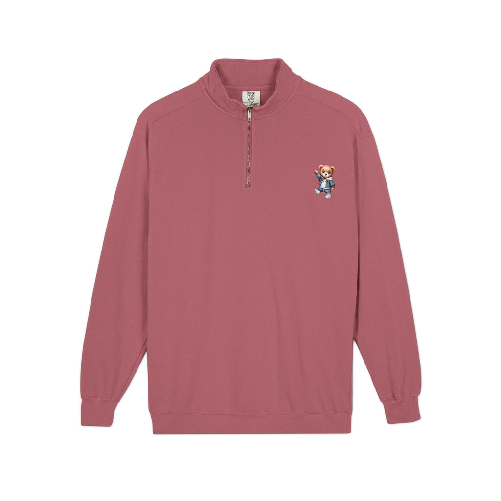 Quarter-Zip Sweatshirt with Cute Teddy Embroidery – Casual Cozy Pullover
