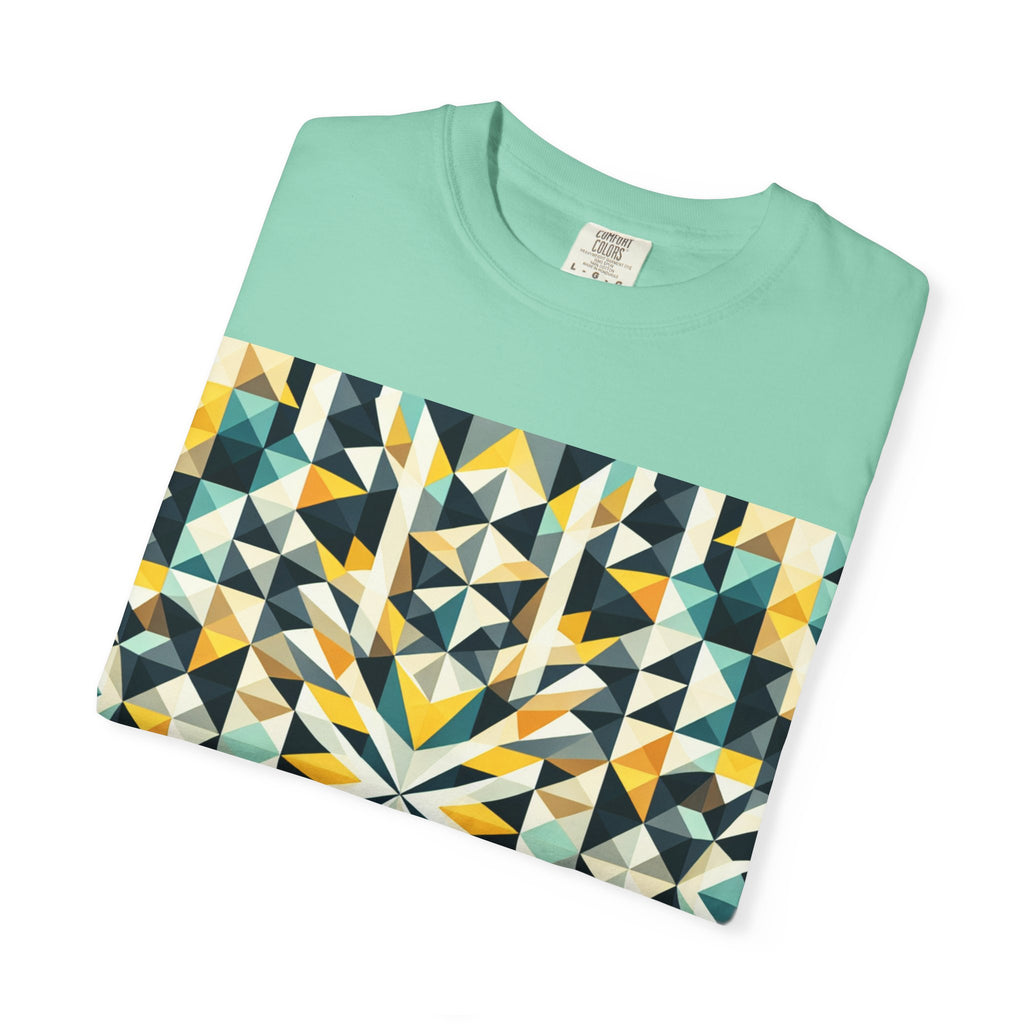 Geometric Mosaic Tee — Yellow, Teal & Black Patterned Graphic T-Shirt
