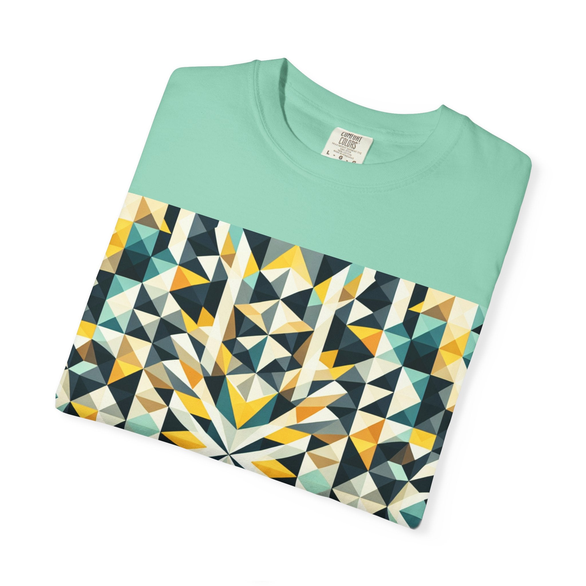 Geometric Mosaic Tee — Yellow, Teal & Black Patterned Graphic T-Shirt