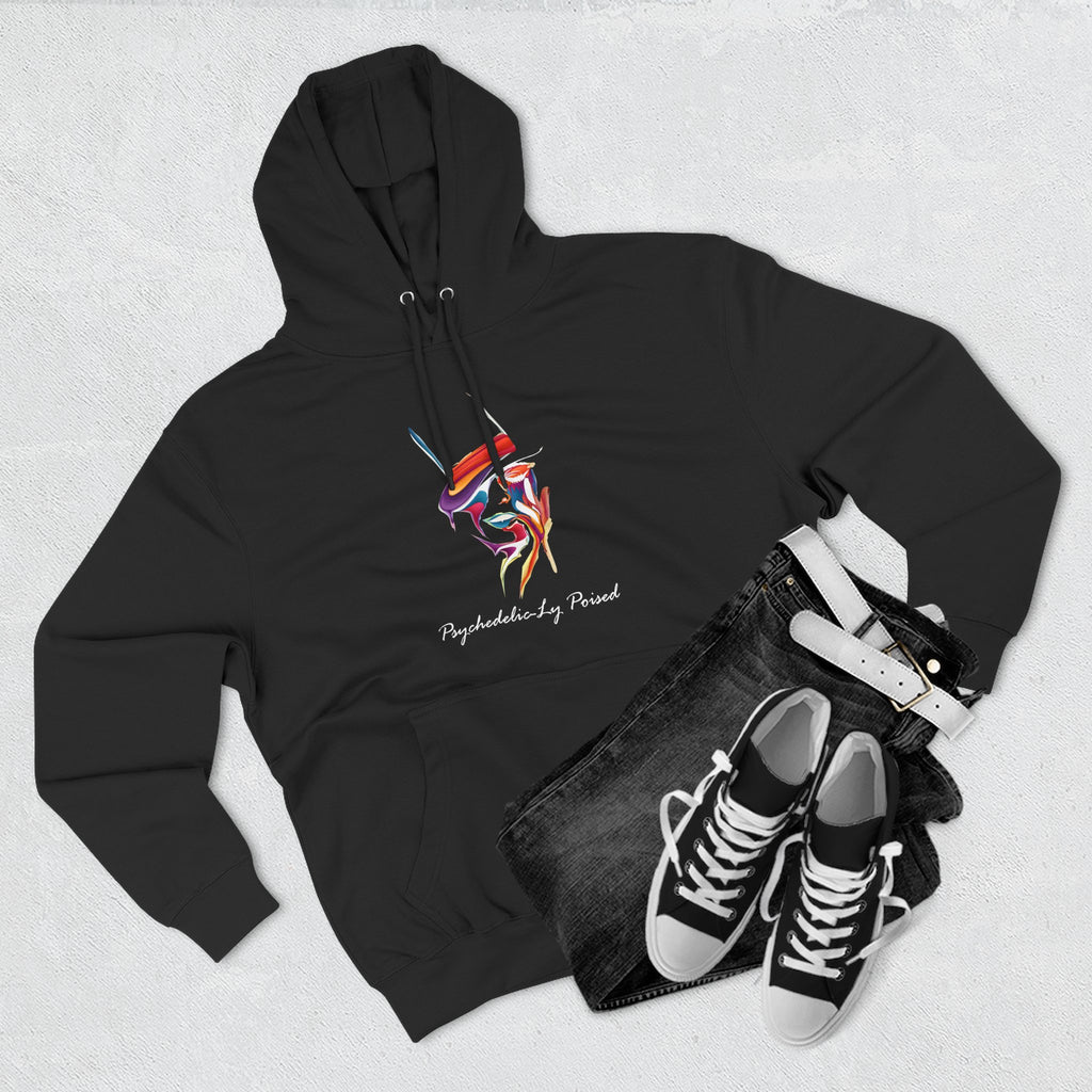 Minimal Abstract Face Psychedelically Poised Hoodie — Colorful Geometric hat Graphic Fleece Hoodie
