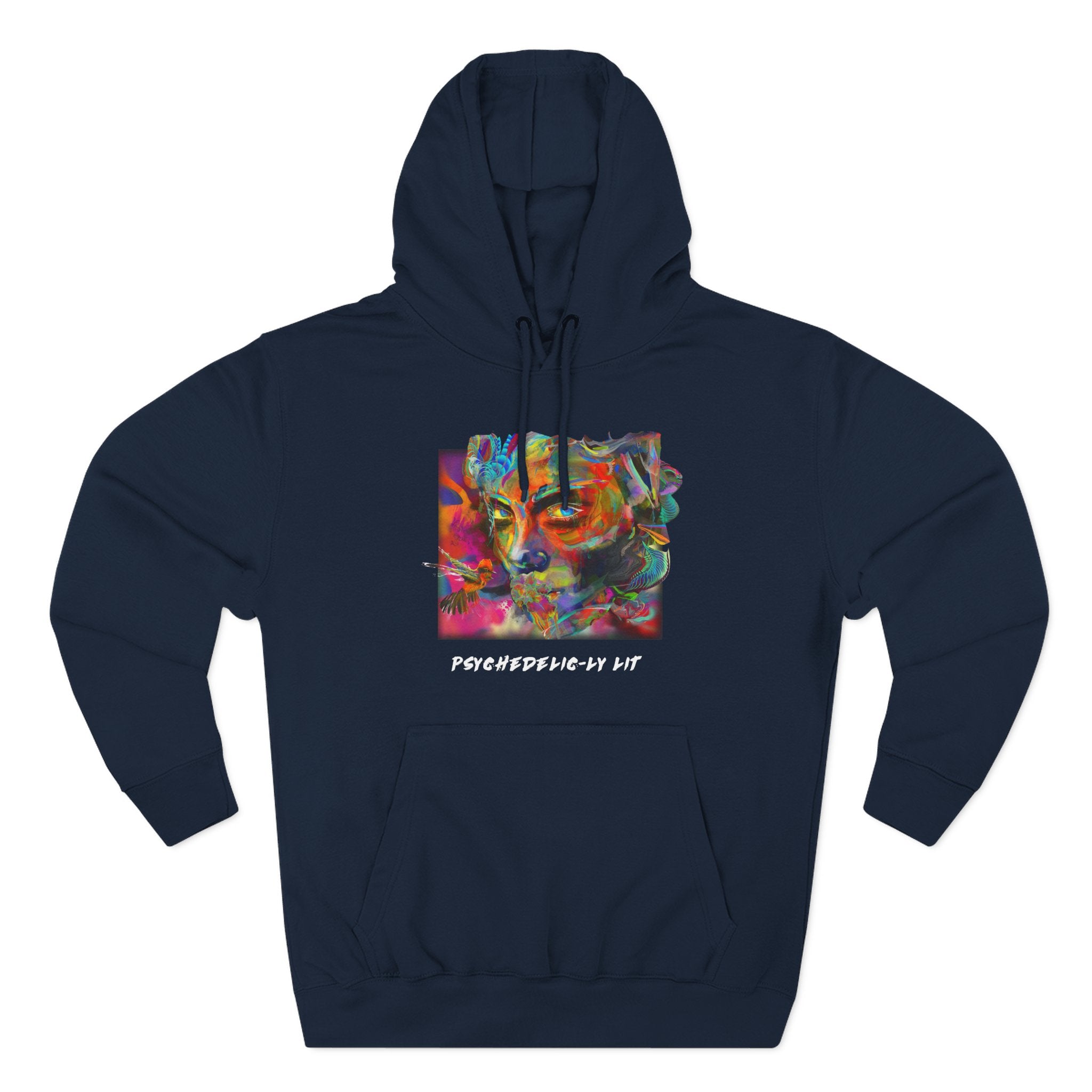 Abstract Psychedelically Lit - Feel The Vibe Hoodie — Three-Panel Fleece Hoodie with Vibrant Artistic Face Portrait