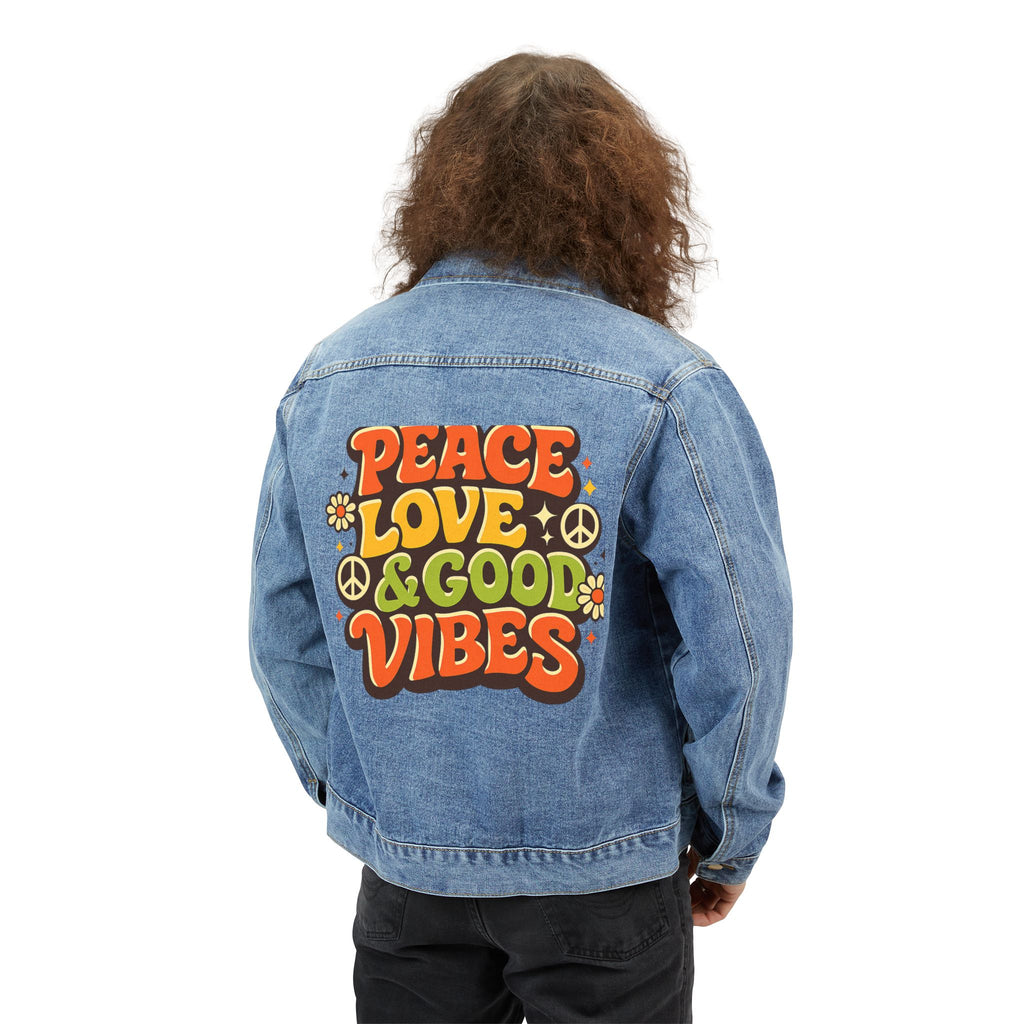 Peace, Love & Good Vibes Men's Denim Jacket — 70s Retro Festival Trucker