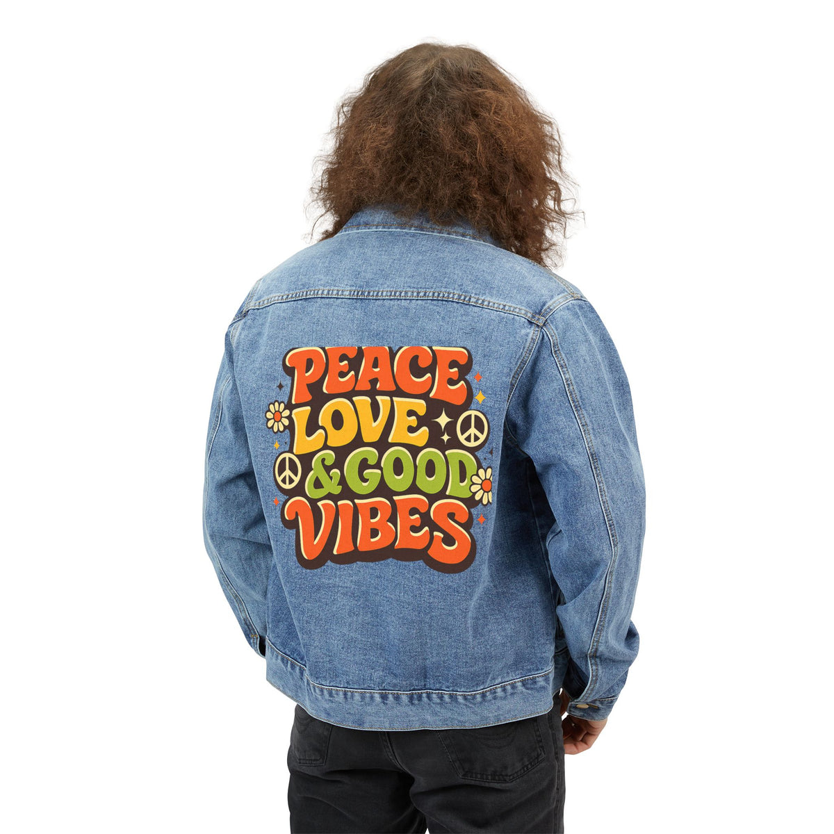 Peace, Love & Good Vibes Men's Denim Jacket — 70s Retro Festival Trucker