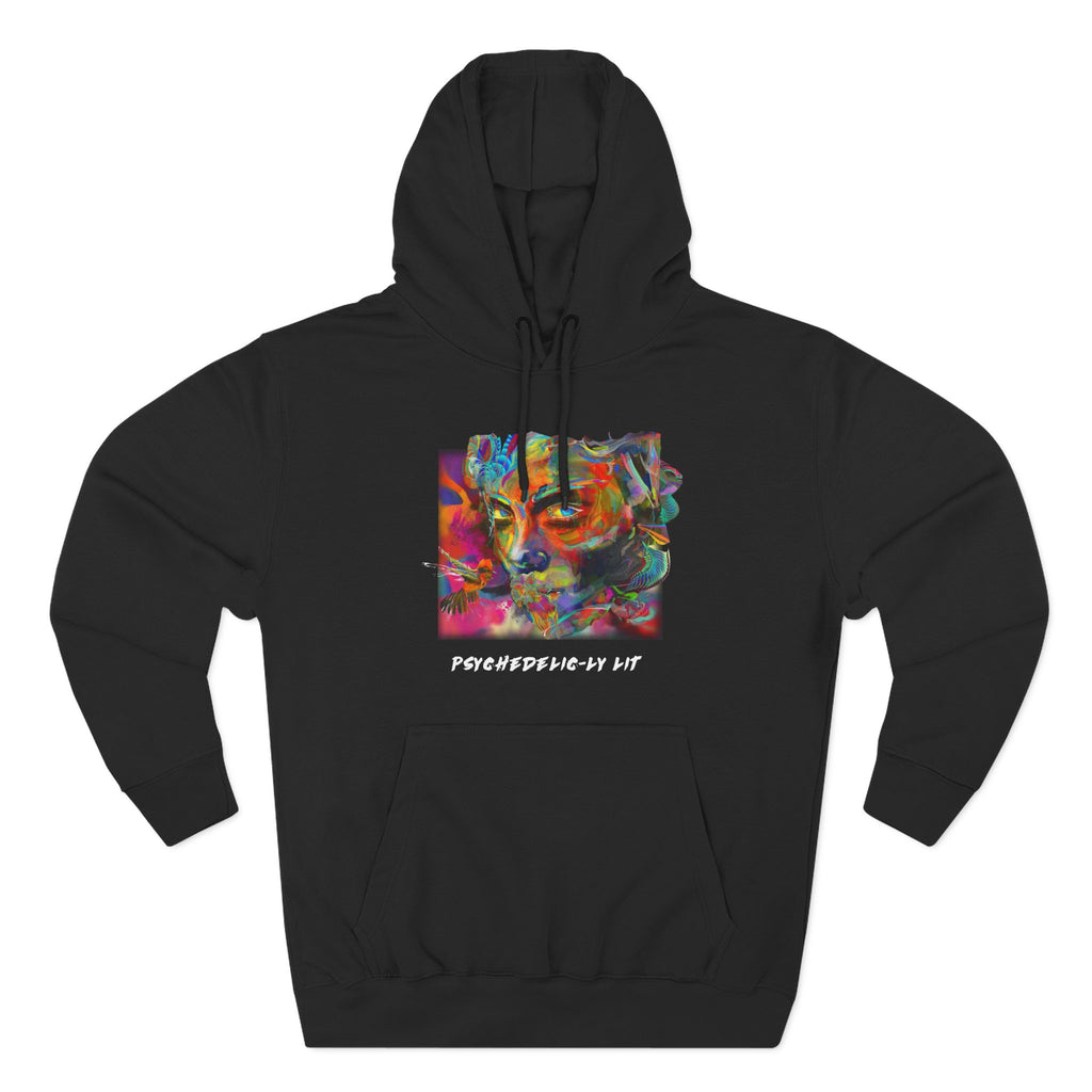 Abstract Psychedelically Lit - Feel The Vibe Hoodie — Three-Panel Fleece Hoodie with Vibrant Artistic Face Portrait