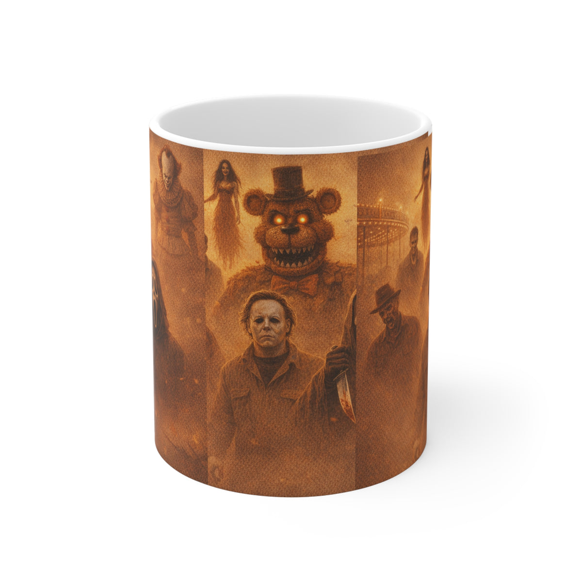 Horror Icons Collage Mug — 11oz Spooky Movie Villains Coffee Cup