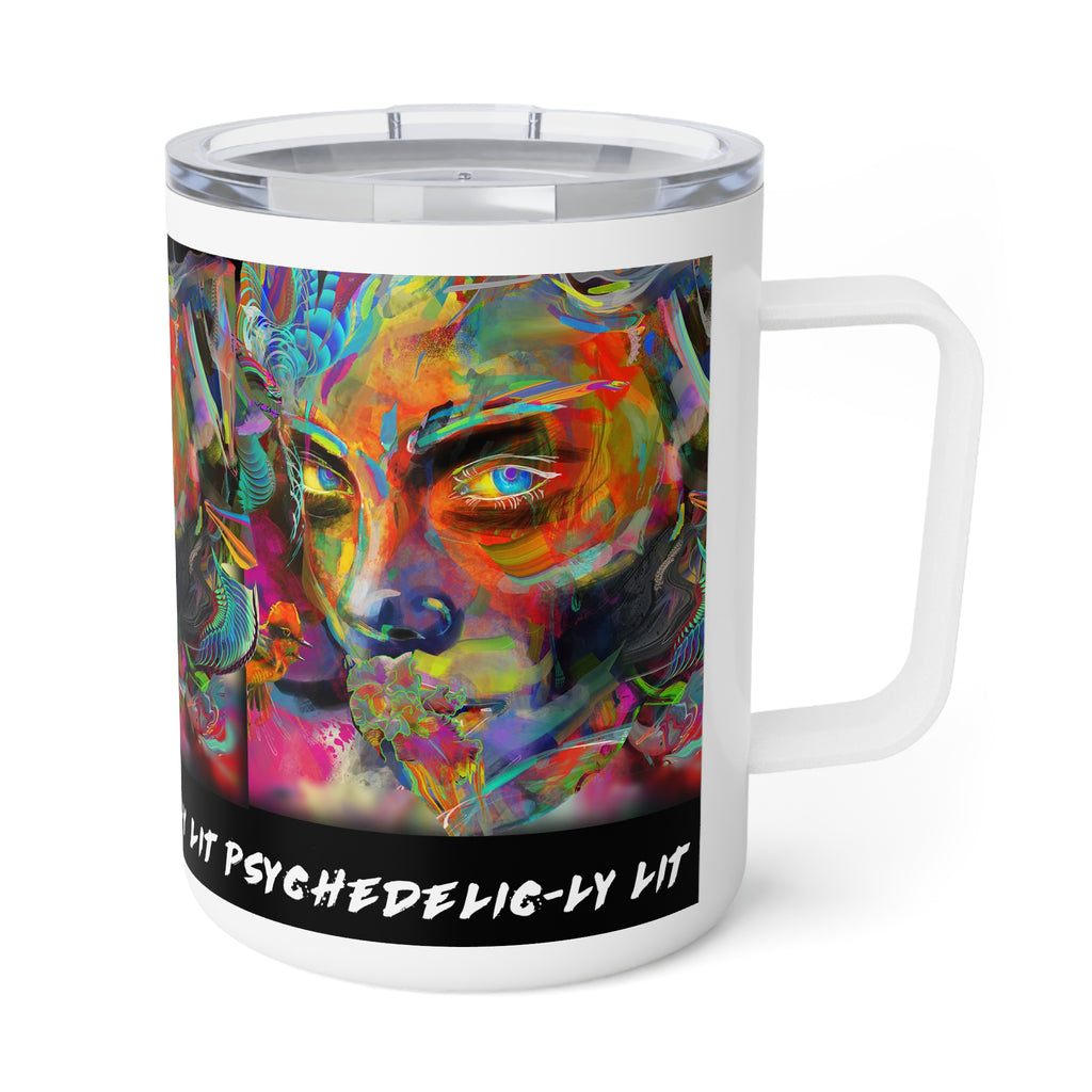 Psychedelic-ly-Lit Art Insulated Coffee Mug — 10oz Colorful Abstract Skull Travel Tumbler