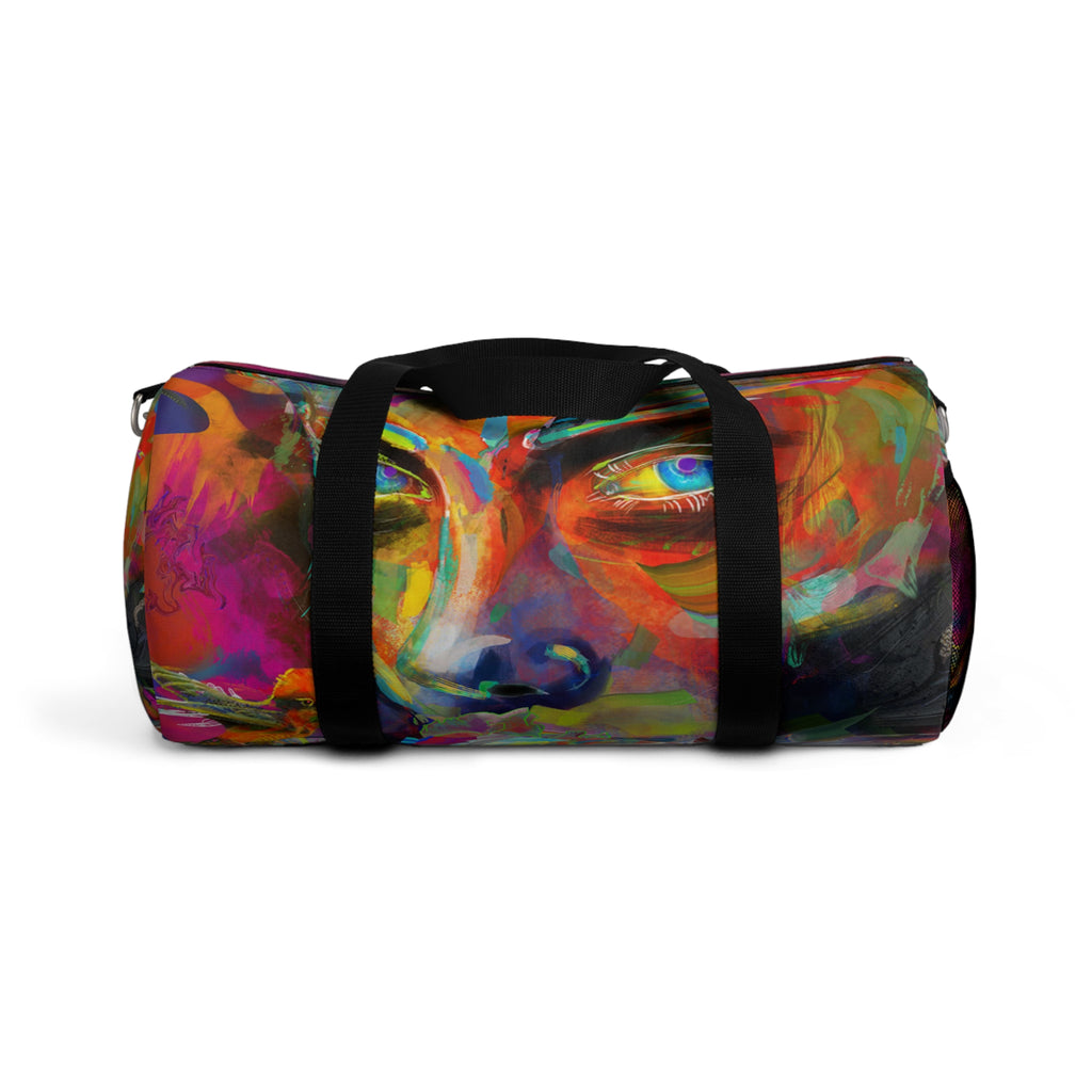 Psychedelic-ly Lit Abstract Face Duffel Bag — Artistic Travel Gym Bag