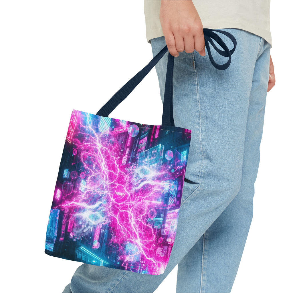Electric Neon Circuit Tote Bag — Pink Blue Cyberpunk AOP