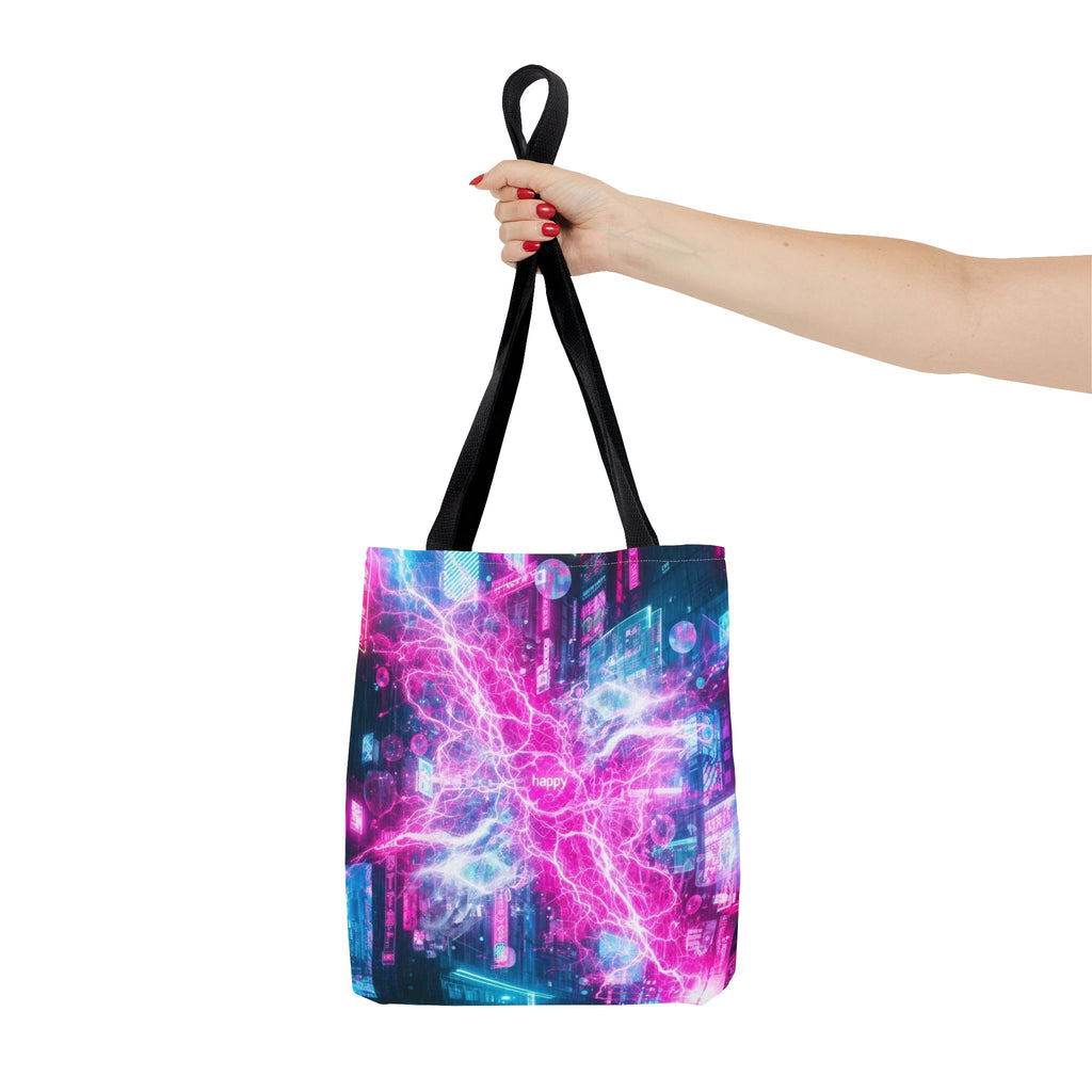 Electric Neon Circuit Tote Bag — Pink Blue Cyberpunk AOP