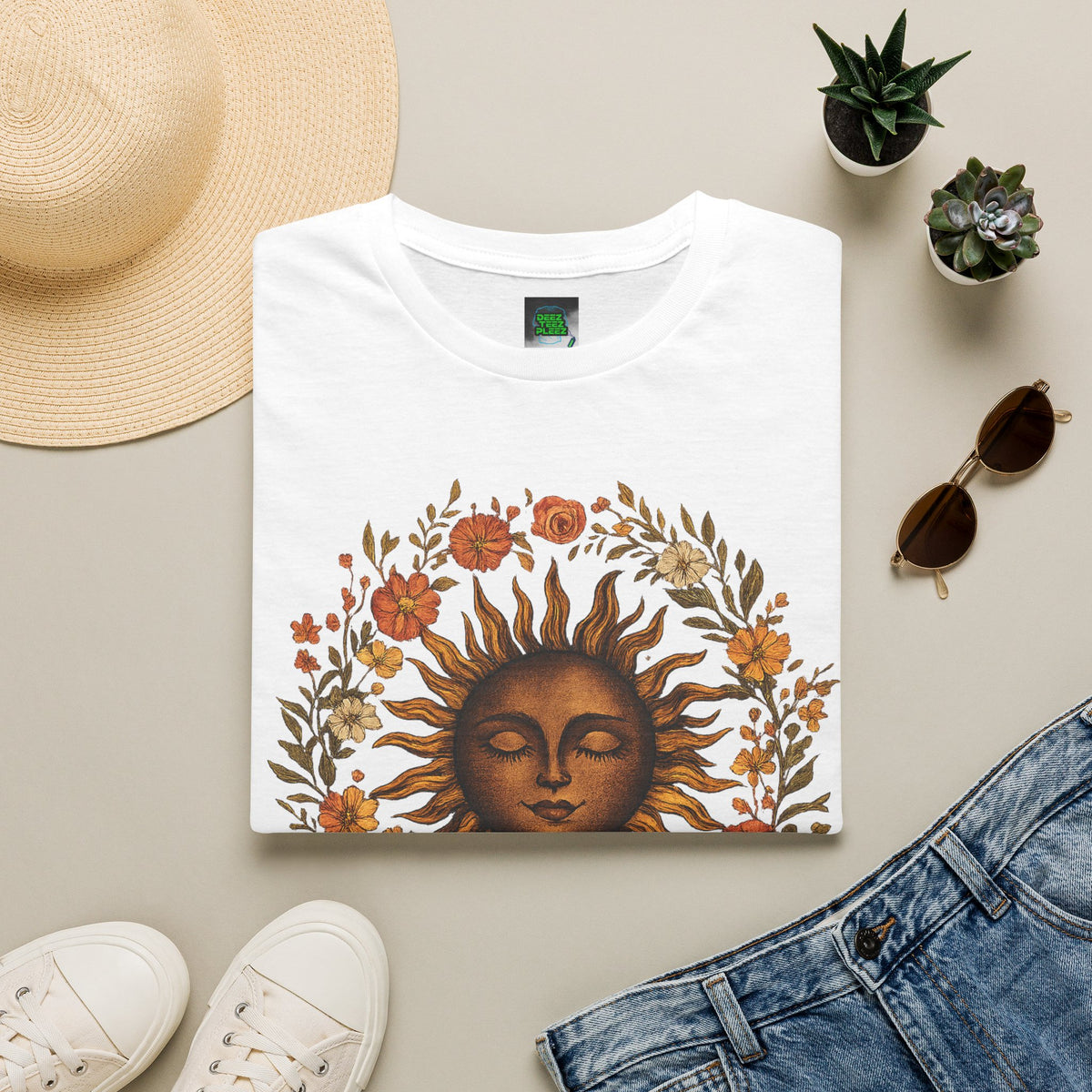 Sunflower Sun T-Shirt — Vintage Boho Sun Face Floral Tee