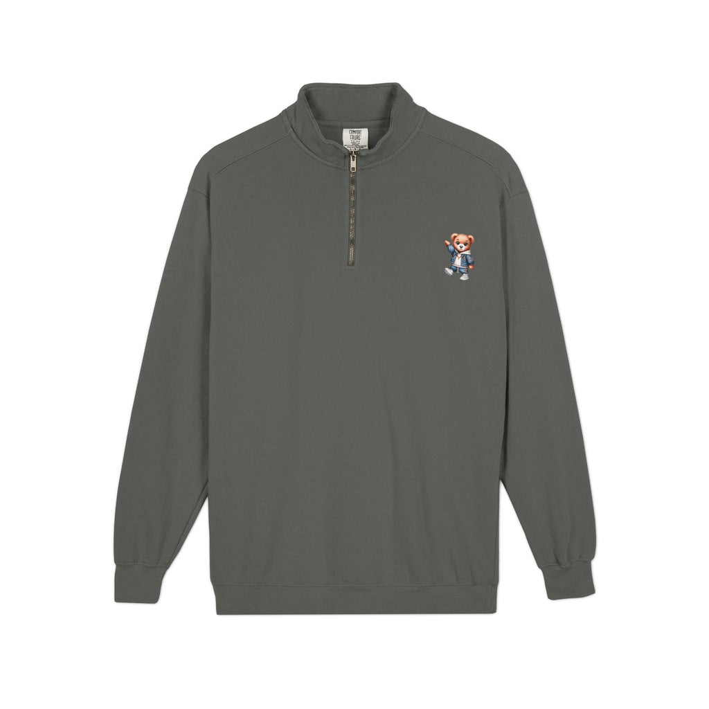 Quarter-Zip Sweatshirt with Cute Teddy Embroidery – Casual Cozy Pullover